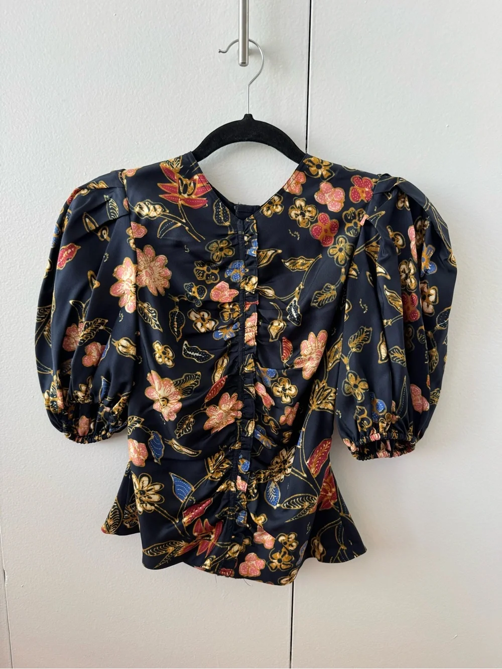 Ulla Johnson Black Floral Puff-Sleeve Peplum Top with Gold Accents